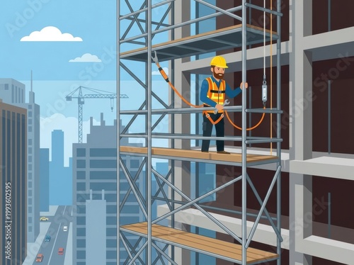 Construction Worker on Scaffold Performing Safety Tasks at a Busy Construction Site in City Setting During Daylight Hours