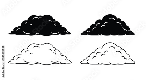 Four fluffy clouds in black and white, style