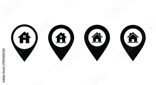 Four black map pins with house inside location