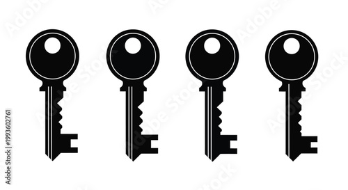 Four black silhouette keys with different teeth patterns