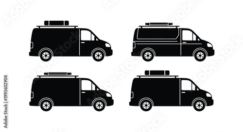 Four black and white van silhouettes with roof racks