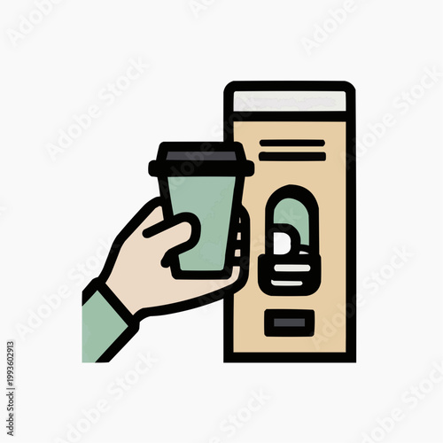Flat vector illustration of a hand holding a reusable coffee cup next to a vending machine, suitable for sustainability campaigns or eco-friendly product promotions.