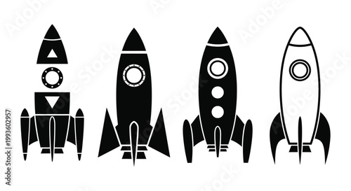 Black and white silhouettes of four retro-style rockets