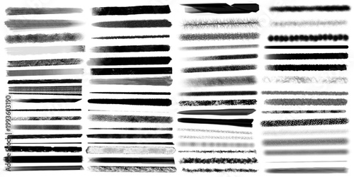 a vast collection of black and grey digital brush strokes on a white background. It includes various textures like charcoal, ink, spray, and watercolor, ideal for artistic design.