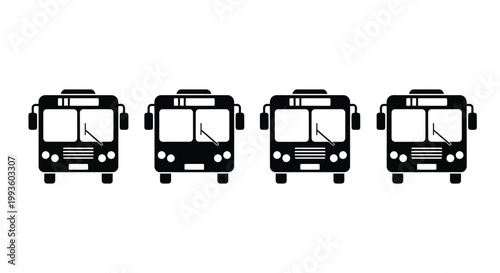 Four black and white bus in a row, front view