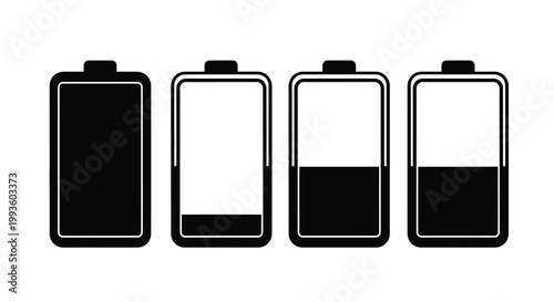 Black and white smartphone battery levels progressing from empty to full