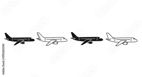 Four black and white airplane silhouettes in a row