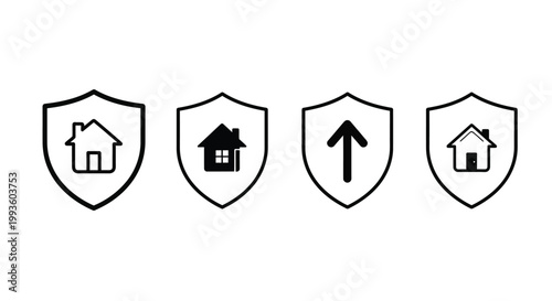 Four shield with house symbols and an upward arrow