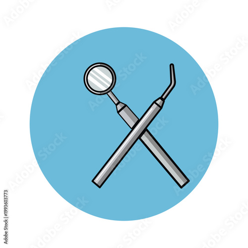 A dental mirror and explorer tool crossed over each other on a blue background