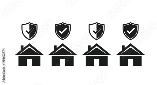 Four black houses with shields indicating security or protection