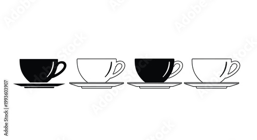 Four monochrome teacups on saucers, black and white