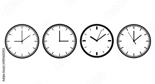 Four analog clocks showing different times on white background