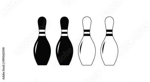 Four black and white bowling pins with stripes and neck details