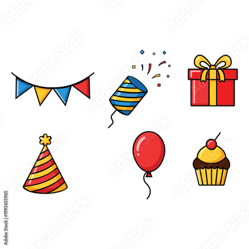 A colorful illustration of party objects including a banner, party popper, gift, hat, balloon, and cupcake.