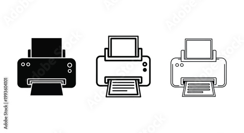 Three printers in black, white, and gray with paper output