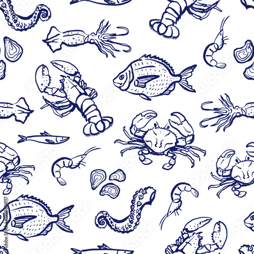 Seamless Nautical Pattern with Hand-Drawn Seafood Illustrations in Blue