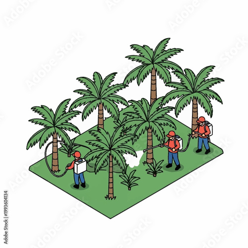 Workers maintaining palm trees in a tropical setting.