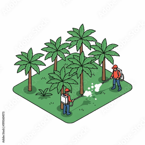 Workers spraying pesticides on palm trees.