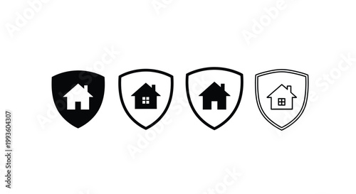 Four shields with houses in black and white shades
