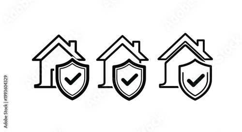 Three black and white of houses with shields and checkmarks