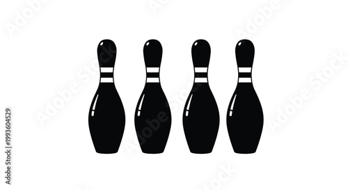 Four black bowling pins with white stripes on white background