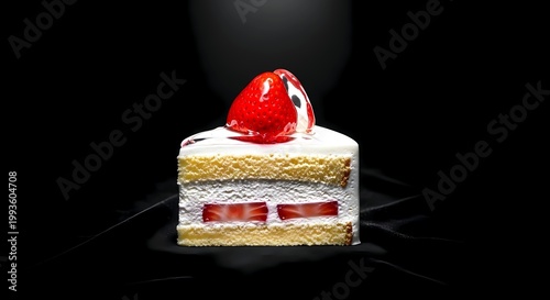 a single, exquisite Japanese strawberry shortcake (ichigo cake) slice, featuring the strawberry glazed, gleaming cream edges, rich colors of red, white, and deep black