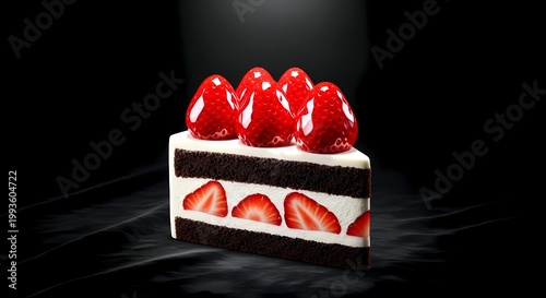 a single, exquisite Japanese strawberry shortcake (ichigo cake) slice, featuring the strawberry glazed, gleaming cream edges, rich colors of red, white, and deep black