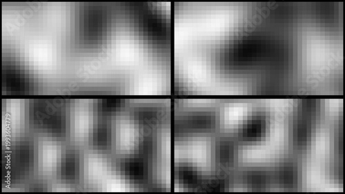 Four-panel abstract gray-scale blurry squares background with abstract background monochrome gradient contrast minimalist geometric imprecise amorphous ethereal atmospheric.