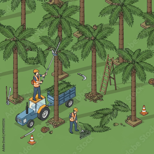 Workers pruning palm trees in a plantation.