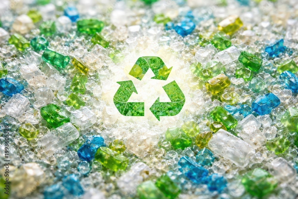 Fototapeta premium Glowing green recycling symbol above colorful plastic pellets in blue, green, white, and yellow, representing sustainability, waste reduction, and eco-friendly environmental conservation