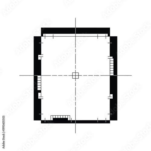 Black and white floor plan diagram with central axis and symmetrical layout