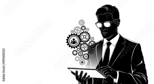 Businessman wearing a gas mask in a simple black vector illustration style