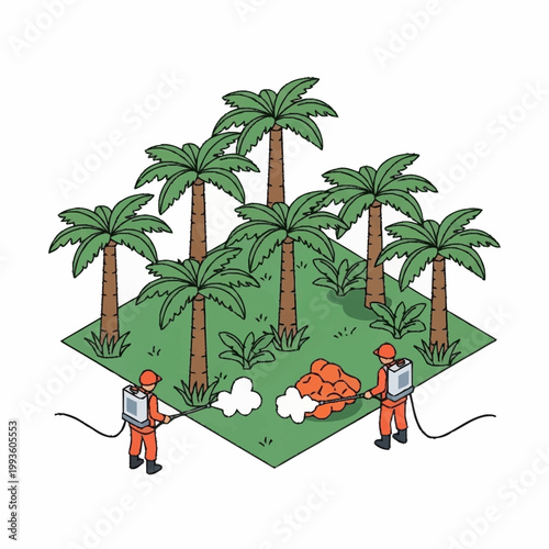 Workers spraying pesticides on palm trees.