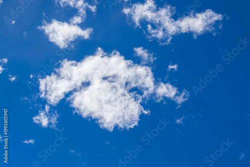 Beautiful blue sky with white fluffy clouds, natural daytime image, cloudscape with copy space. Scenic beauty of nature of Leh, Ladakh, India. Ladakh is known for clear atmosphere, bright environment.