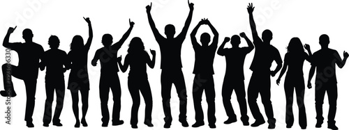 Flavector silhouette of a large group of people cheering dancing and raising hands in celebration isolated on a white background.