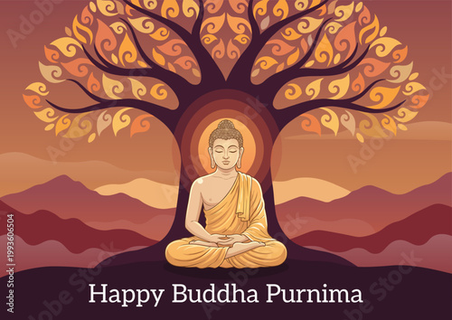 Buddha Purnima Spiritual Illustration with Buddha and Sacred Bodhi Tree