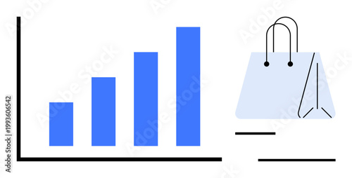E-commerce, sales performance, retail trends, online shopping, market analysis, business growth. Bar graph showing rising trend beside a shopping bag. E-commerce and sales performance theme