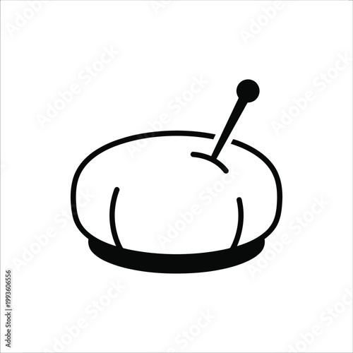 Black and white line of a pincushion with a sewing pin