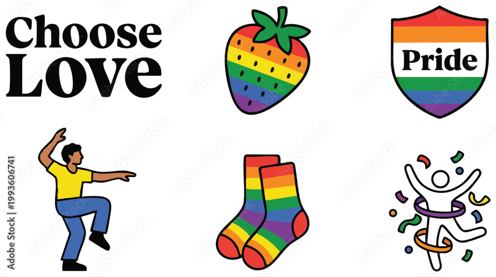 Fototapeta premium Choose love lettering with dancing man and rainbow pride icons flat design