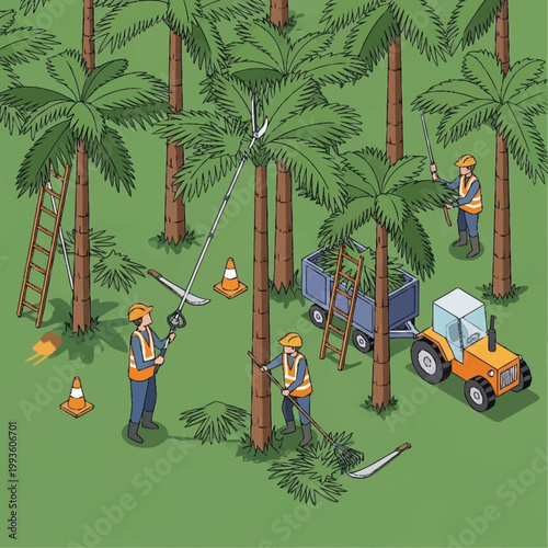 Workers pruning palm trees with machinery.