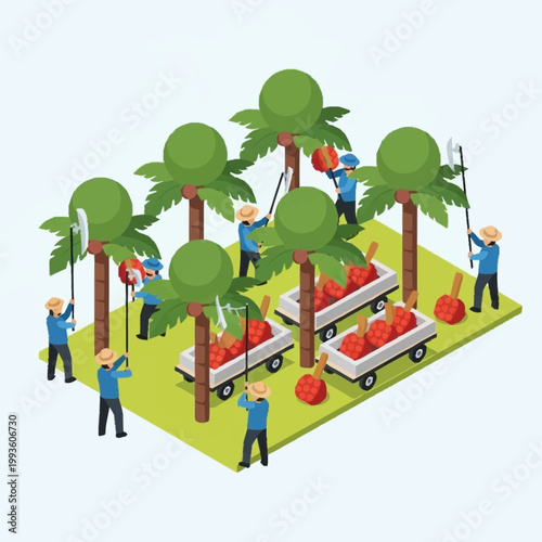 Workers harvesting coconuts from palm trees.