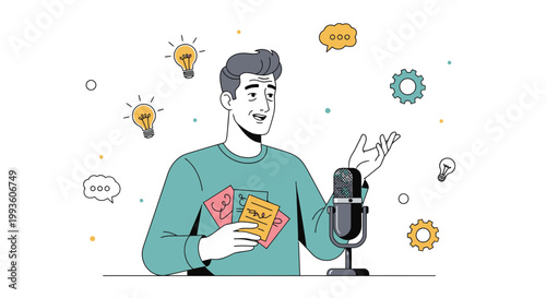 Podcaster with Cards and Microphone, Idea Generation and Communication Concept