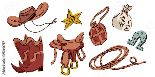 A set of sheriff attributes in a cowboy town in the Wild West, a cowboy hat, boots, a flask, a star, a lasso, a saddle