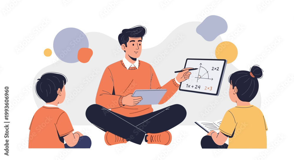 Fototapeta premium Teacher Explaining Math Lesson to Two Students with Tablet and Whiteboard