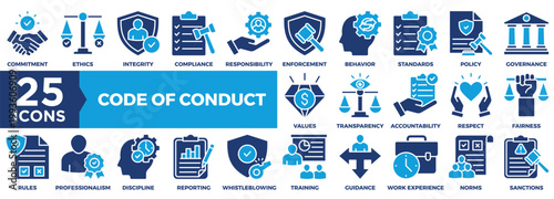 Code Of Conduct Icon Set Collection In Solid Glyph Dual Color Style. Pack Contain Ethics, Integrity, Compliance, Behavior, Standards, Policy, Governance, Professionalism, Fairness, Enforcement Icon