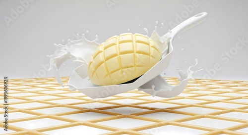 luxury advertisement style, perfect melon pan with an impossibly crisp and glossy cookie-dough grid, featuring dynamic splashes of cold milk frozen in time