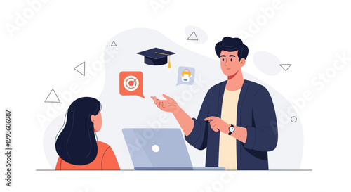 Teacher explaining online course to student with laptop and graduation cap illustration