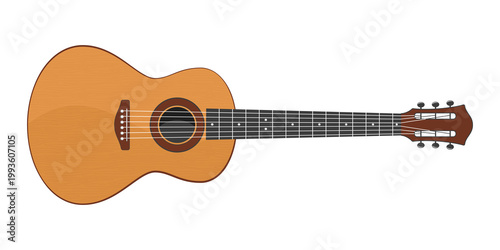 Classic acoustic guitar with wooden body and six strings. Acoustic musical instrument.