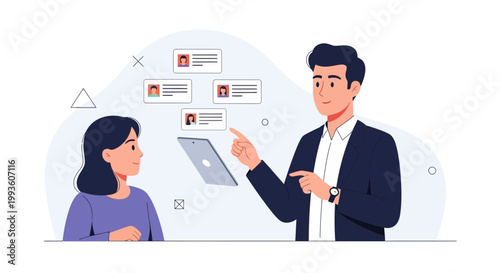 Teamwork and recruitment concept: manager showing candidate profiles on tablet to colleague