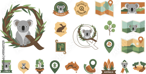 Australia Travel and Wildlife Icon Set Featuring Koala, Map, Location Pins, Nature Elements, and Tourism Branding for Adventure and Destination Vector Design